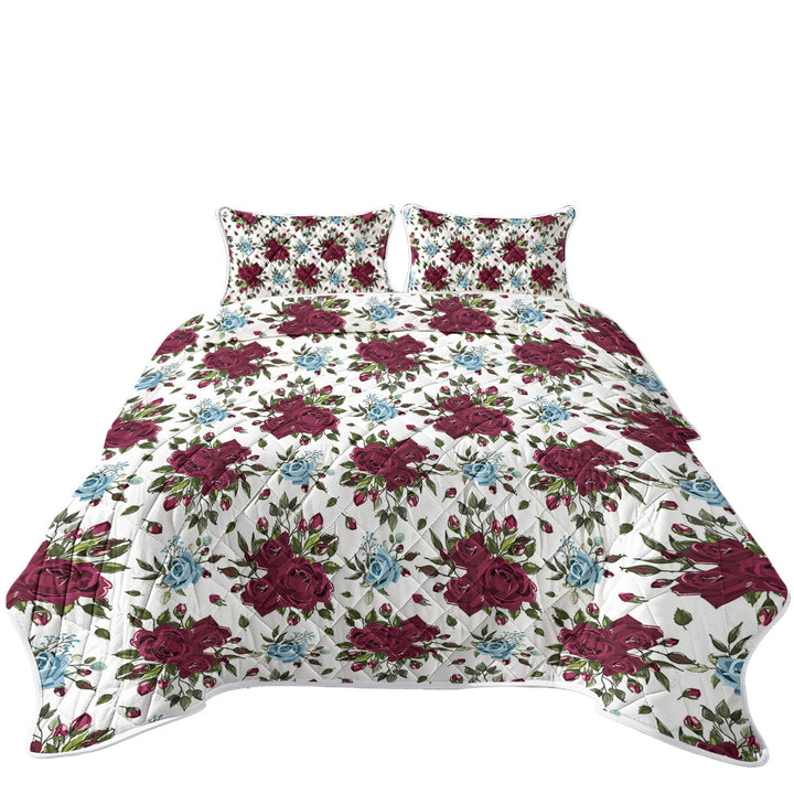 Summer Quilt with Maroon Red and Sky Blue Roses