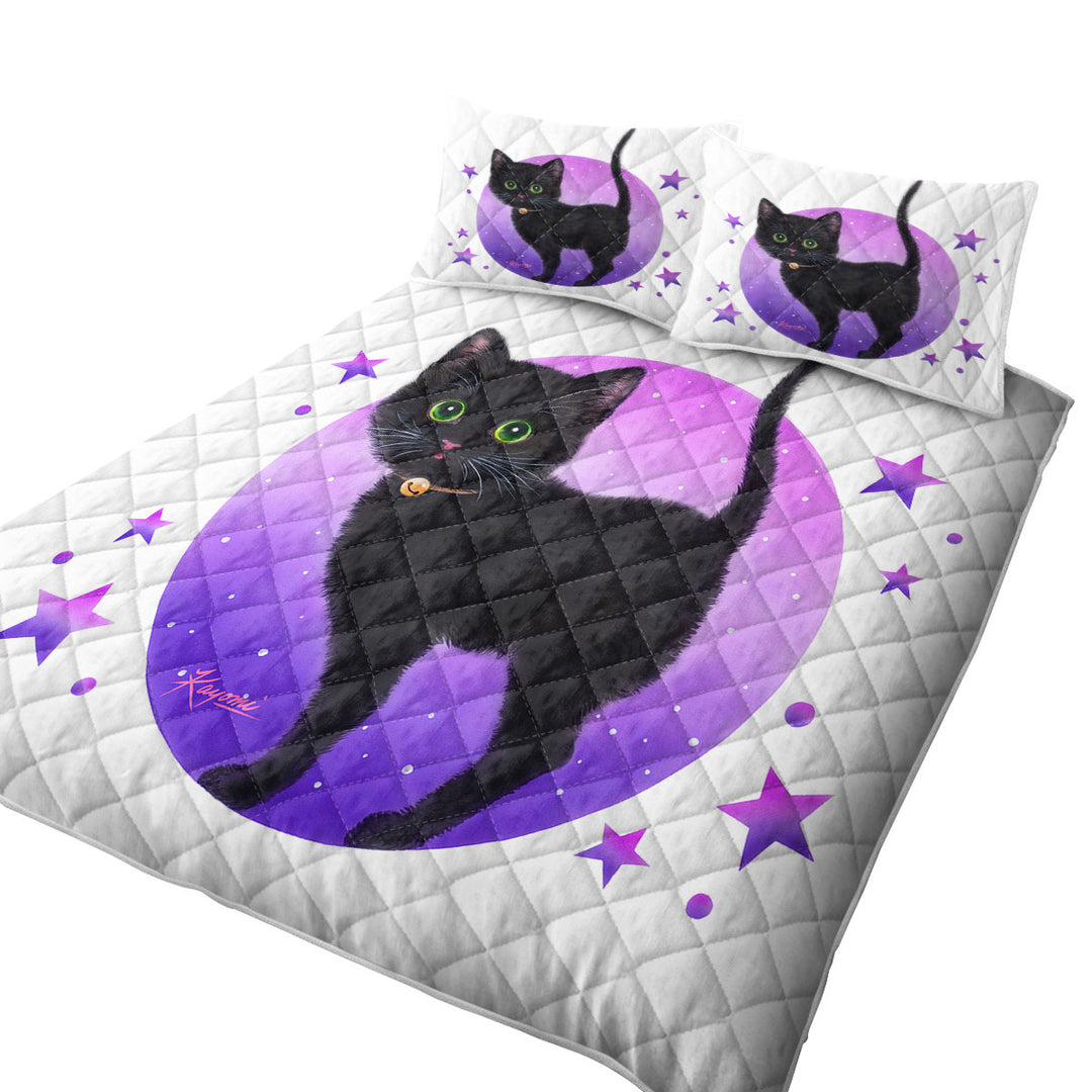 Summer Quilt with Purple Stars Full Moon and Black Kitty Cat