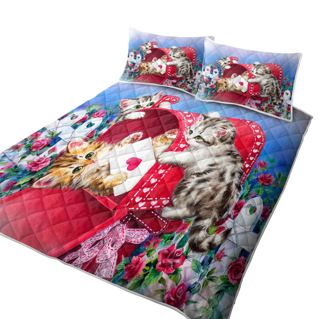 Summer Quilt with Red Mailbox and Roses Cute Sweet Kittens