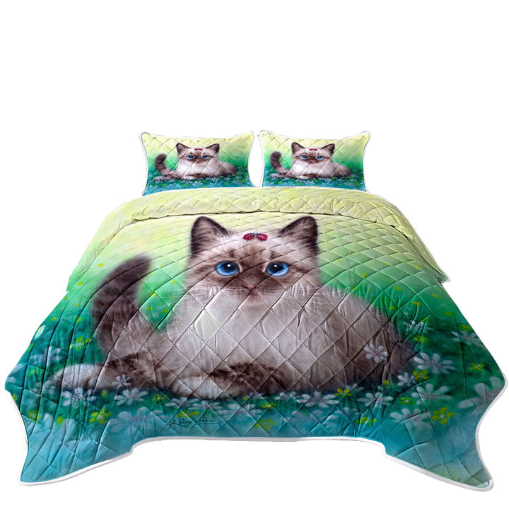 Summer Quilt with Stunning Cat Painting Ladybugs and Kitten