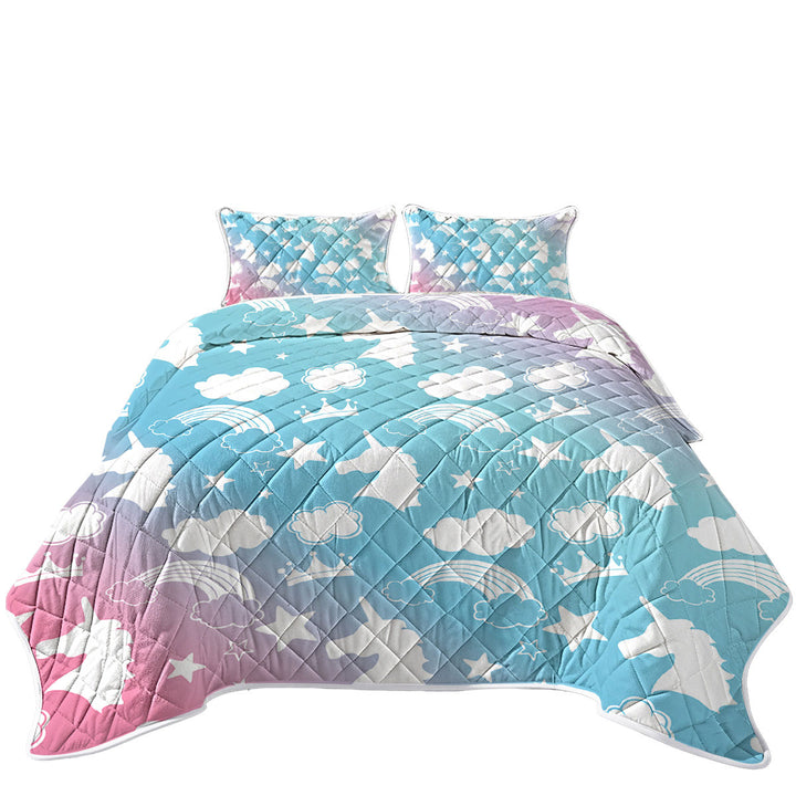 Summer Quilt with White Silhouettes Clouds and Unicorns