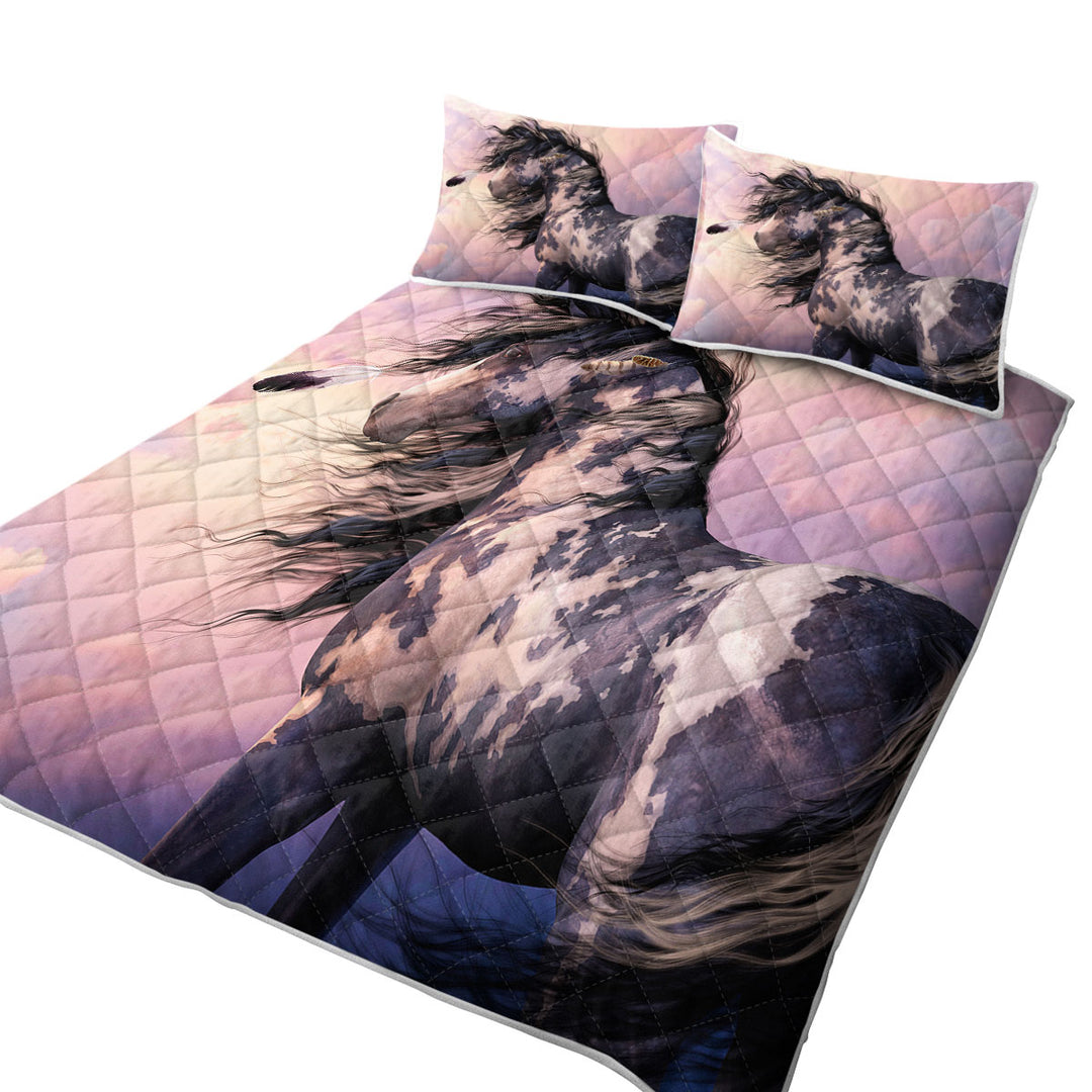 Sunset Clouds behind Black and White Pinto Horse Coverlets