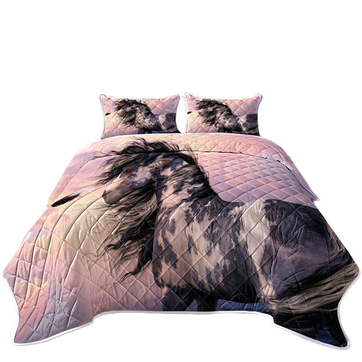 Sunset Clouds behind Black and White Pinto Horse King Size Quilt Sets
