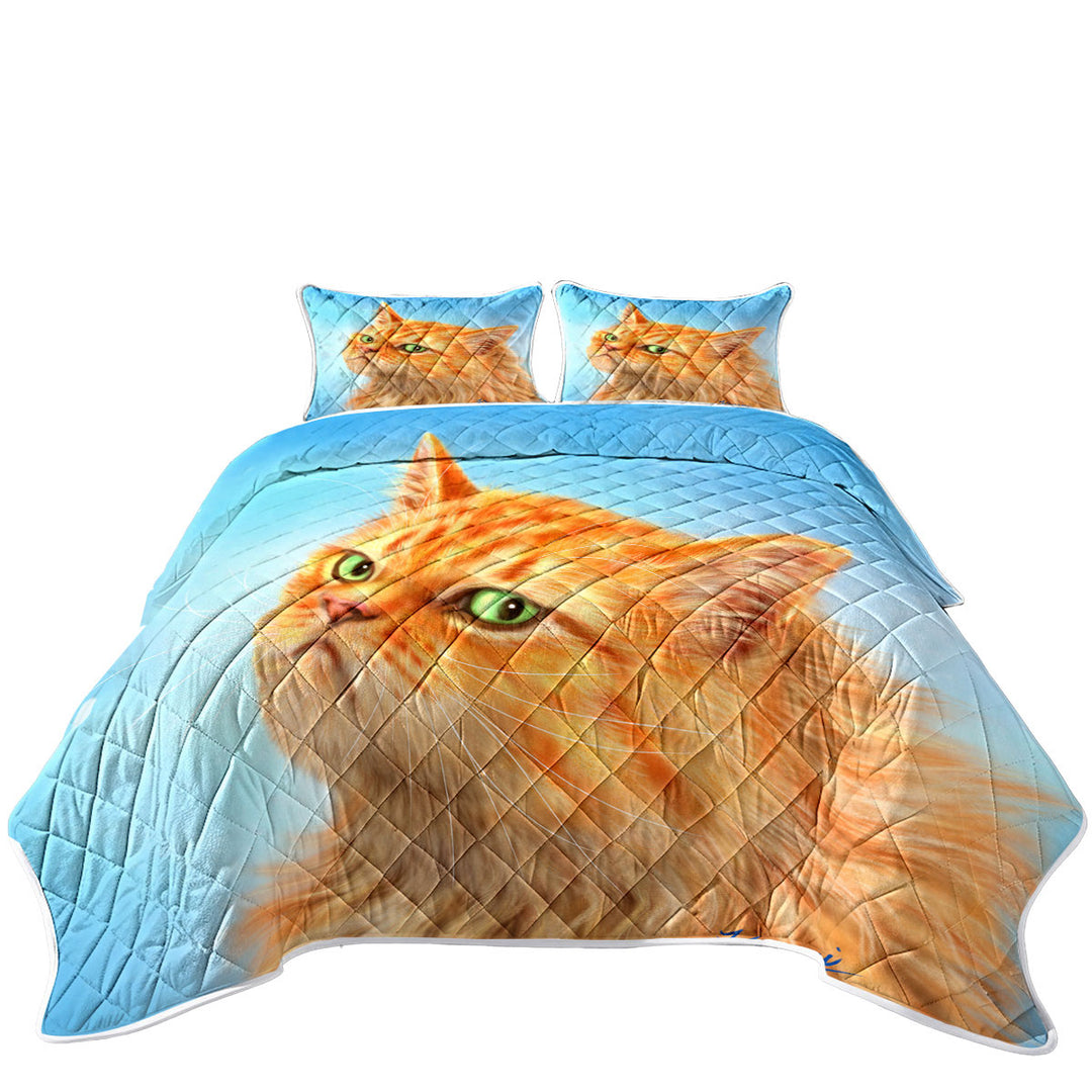 Suspicious Ginger Cat over Blue Quilts