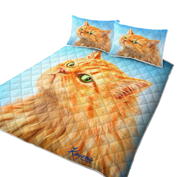Suspicious Ginger Cat over Blue Twin Quilt