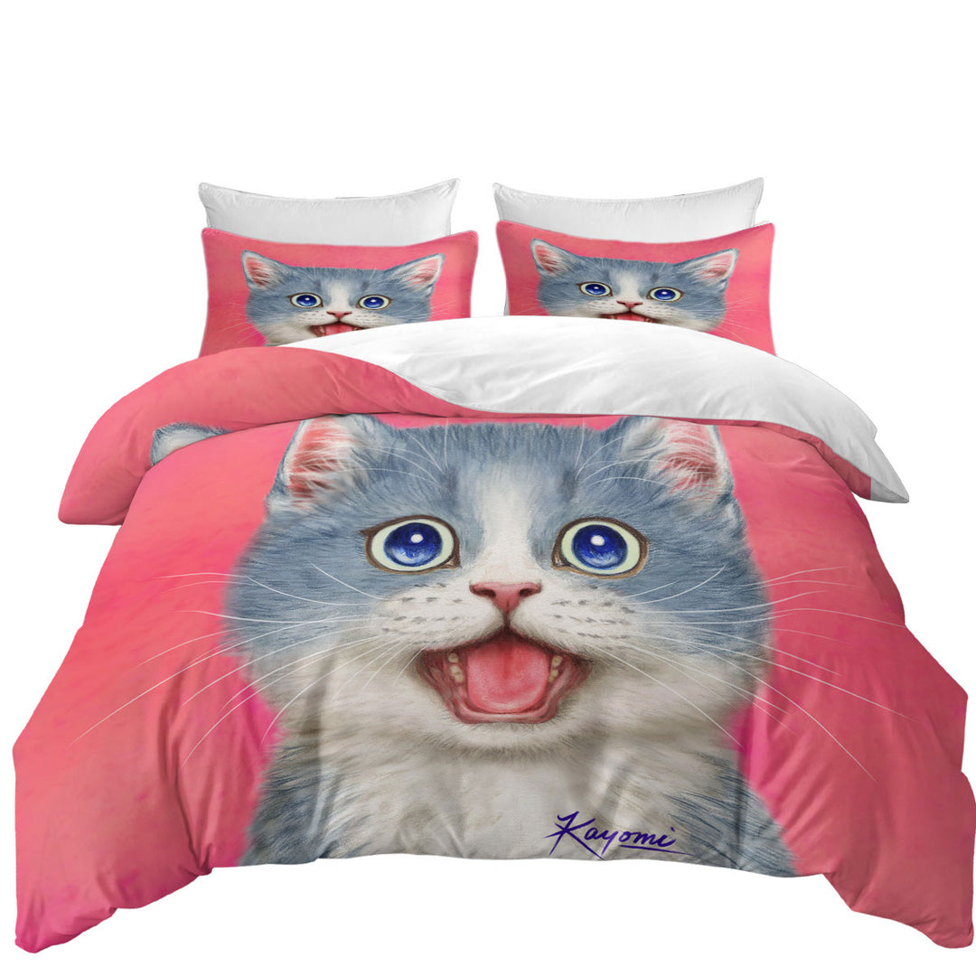 Sweet Happy Grey Kitten Cat Quilt Cover Sets