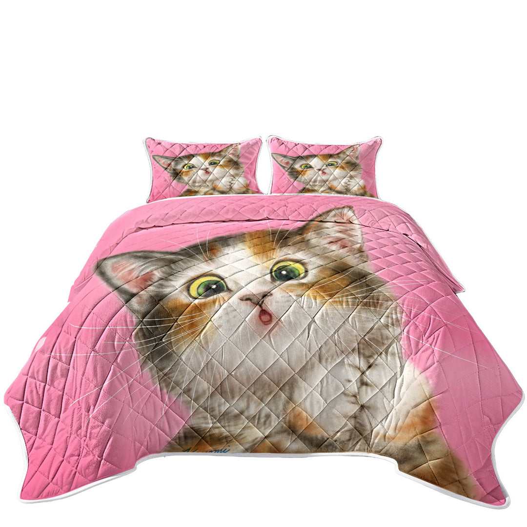 Sweet Kitten over Pink Painted Cats Designs California King Quilt Sets