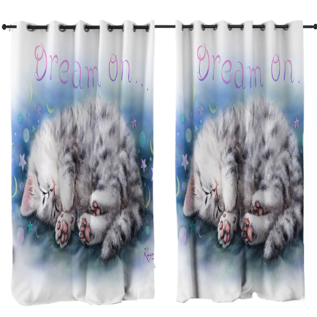 Sweet Sleeping Grey Kitten Cat Art Curtains for Living Room