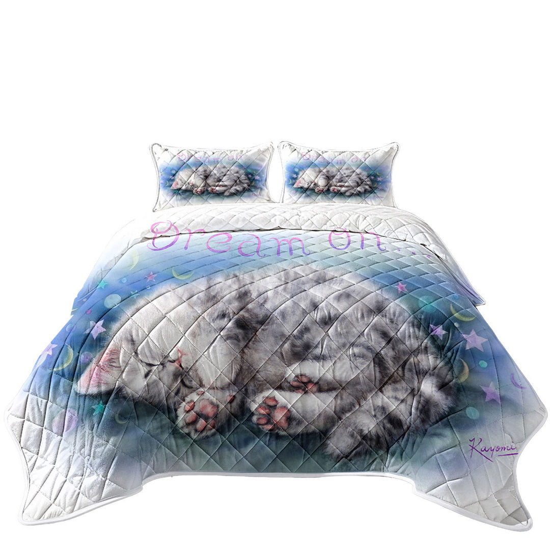 Sweet Sleeping Grey Kitten Cat Art King Size Quilt Sets