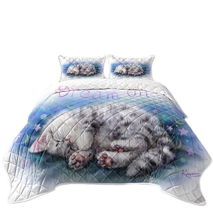 Sweet Sleeping Grey Kitten Cat Art King Size Quilt Sets