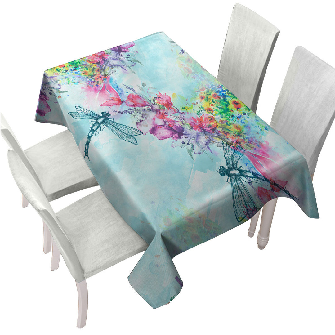 Table Cover with Art Painting Flowers and Dragonflies