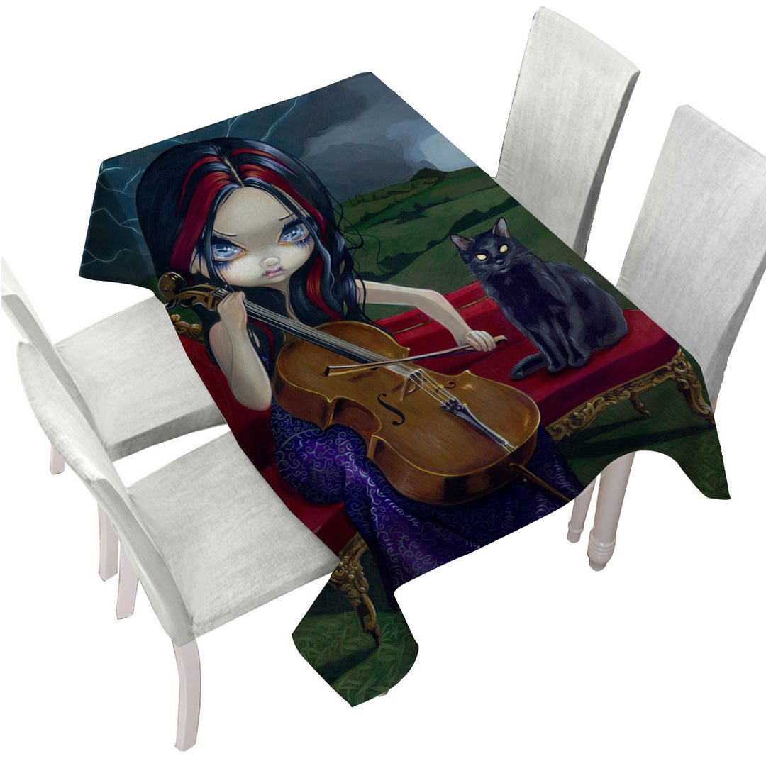 Table Cover with Cello Storm Gothic Beautiful Girl and Her Cat