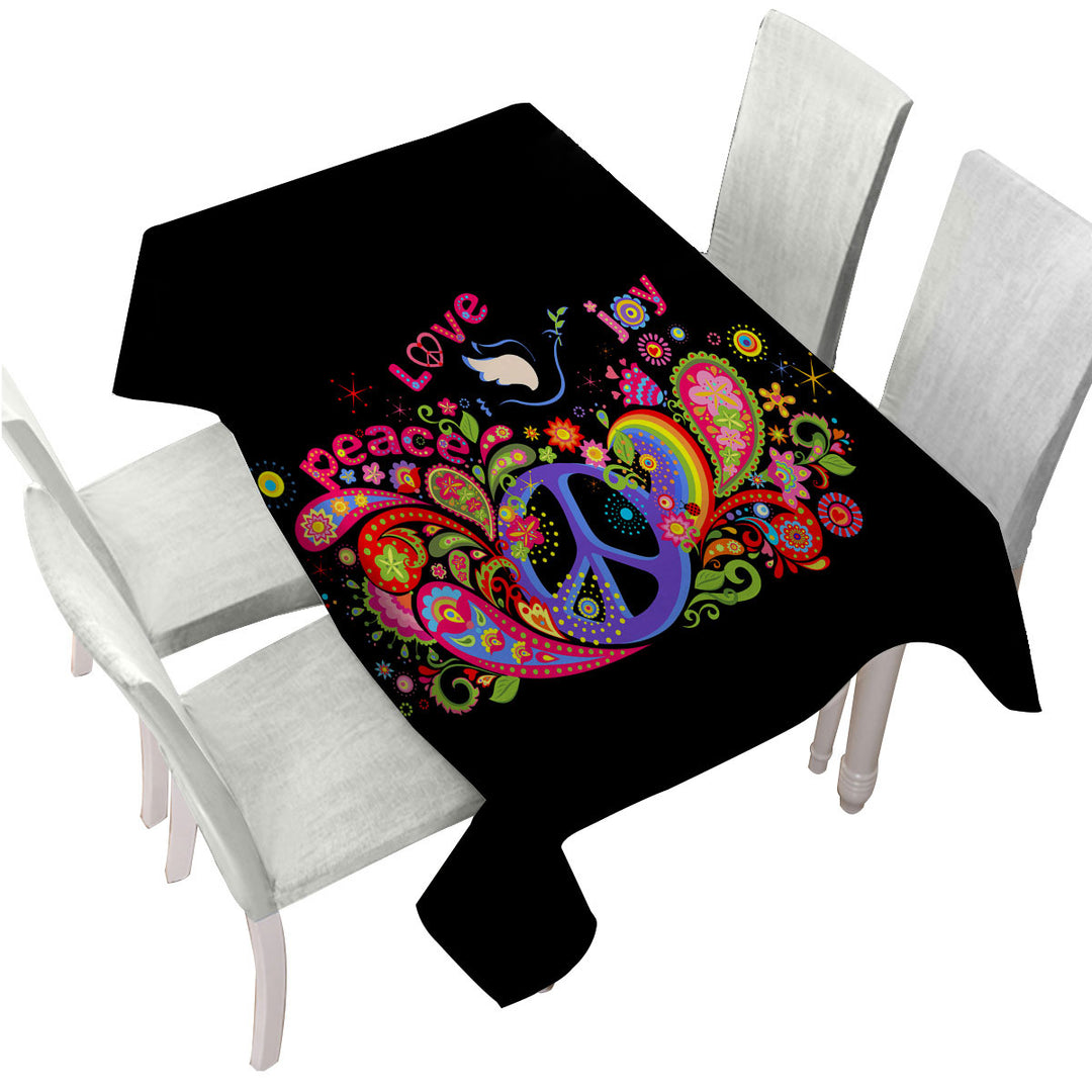 Table Cover with Colorful Retro Sign Peace Love and Joy