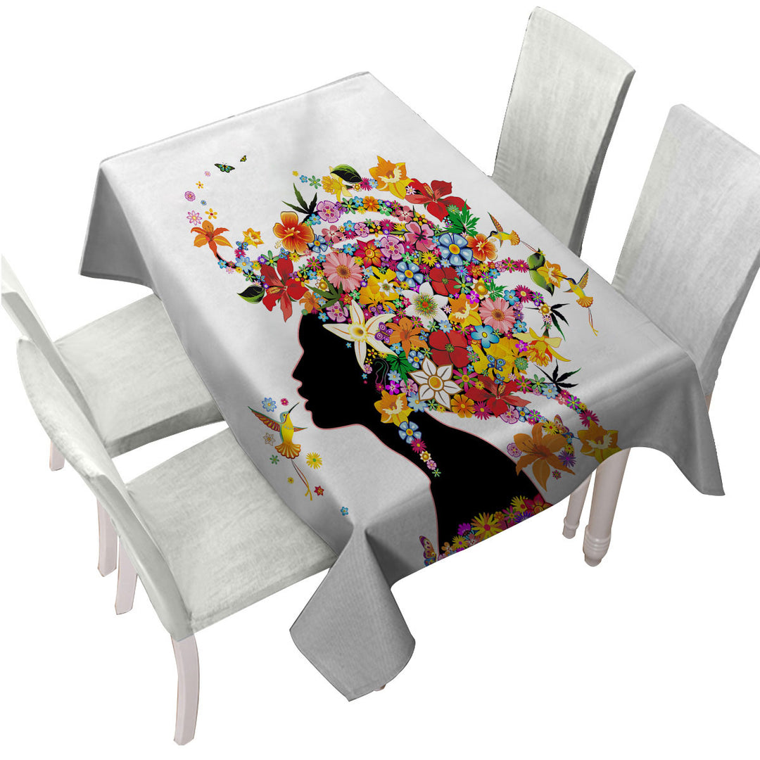 Table Cover with Colorful Tropical Flower Girl and Hummingbirds