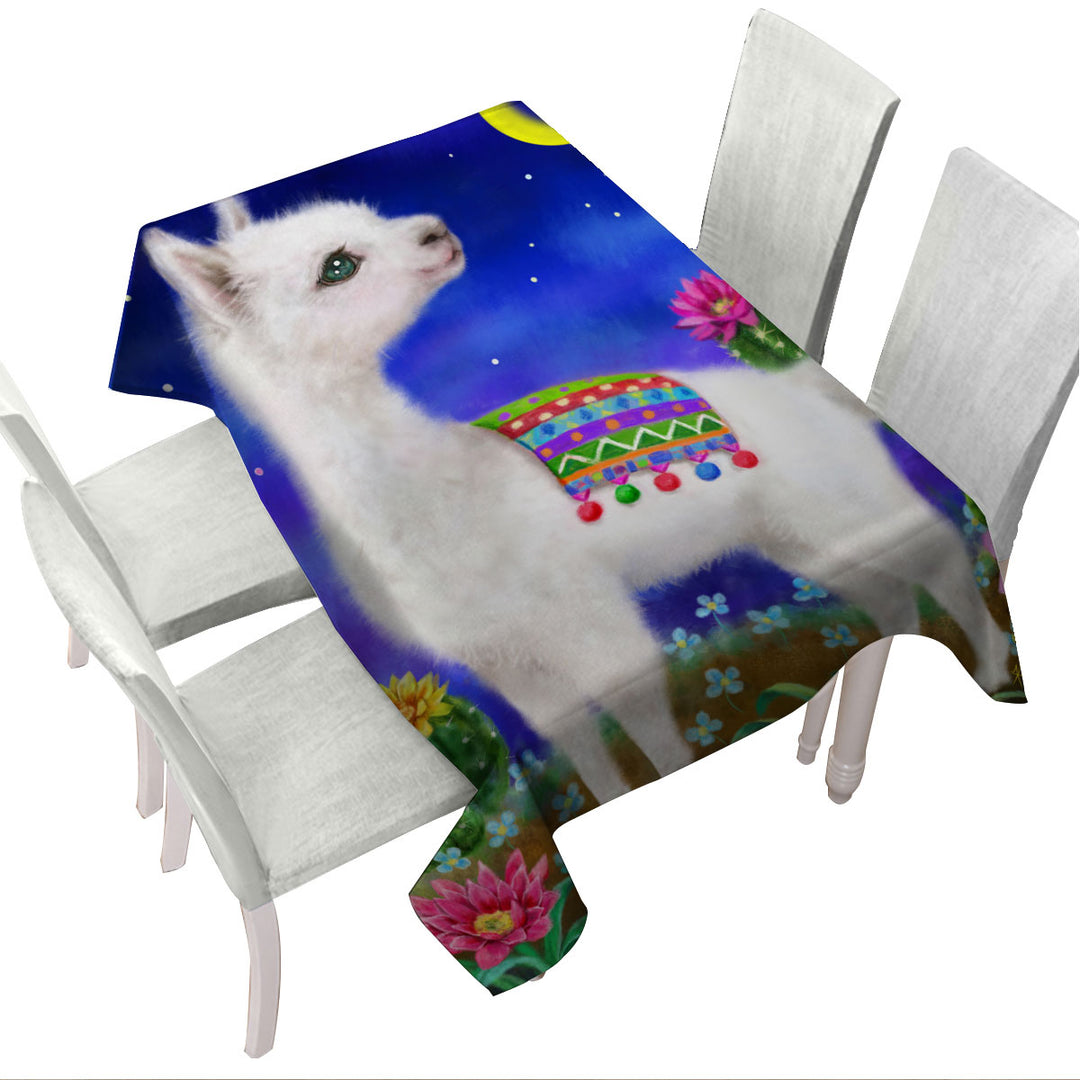 Table Cover with Cute Drawings for Kids Llama in the Moonlight