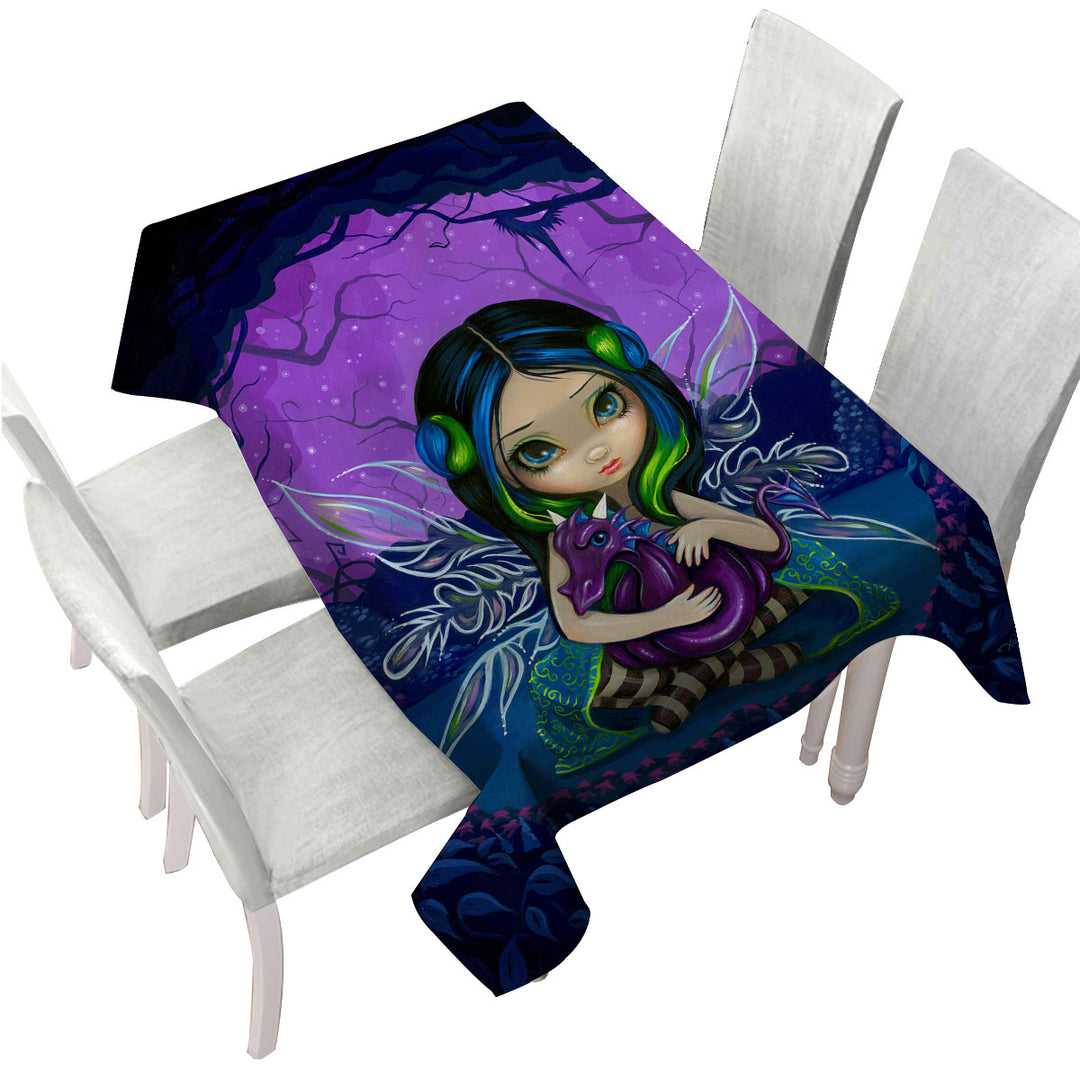 Table Cover with Cute Fairy in the Purple Moonlit Dragonling Garden