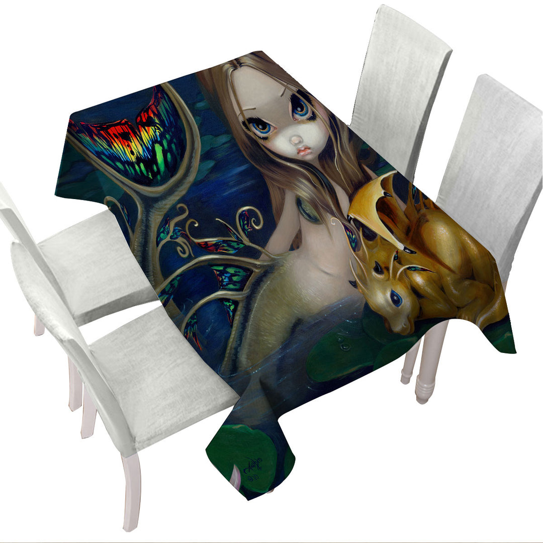 Table Cover with Fantasy Art Beautiful Mermaid with a Golden Dragon