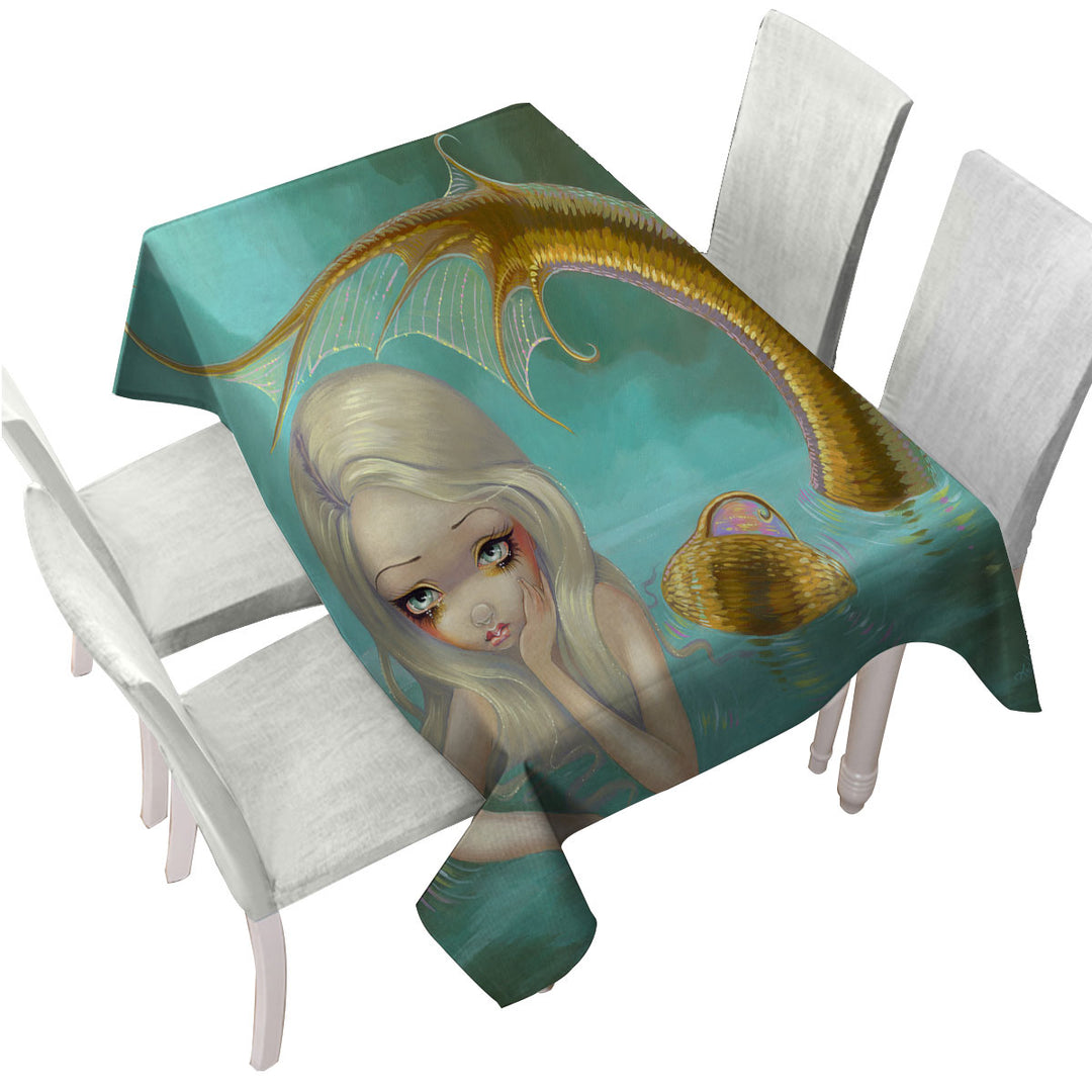 Table Cover with Fantasy Art Sad Looking Golden Mermaid