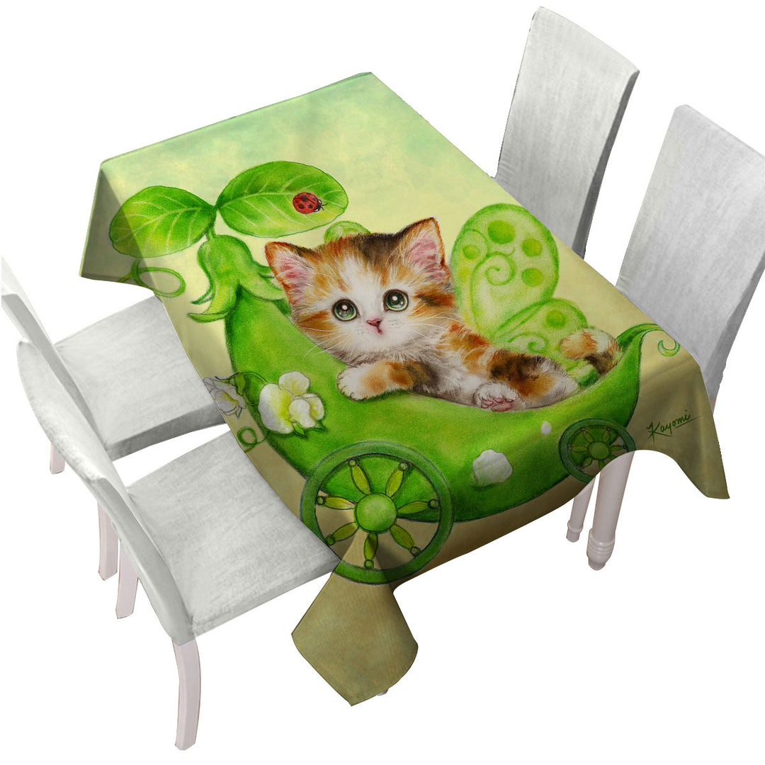 Table Cover with Fun Cats Cute Green Peapod Fairy Kitten