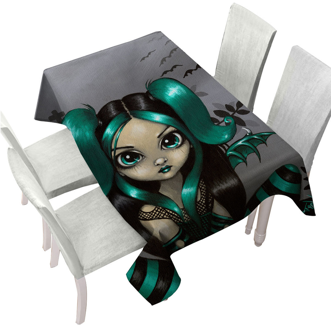 Table Cover with Gothling Green Haired Goth Fairy Cemetery and Bats