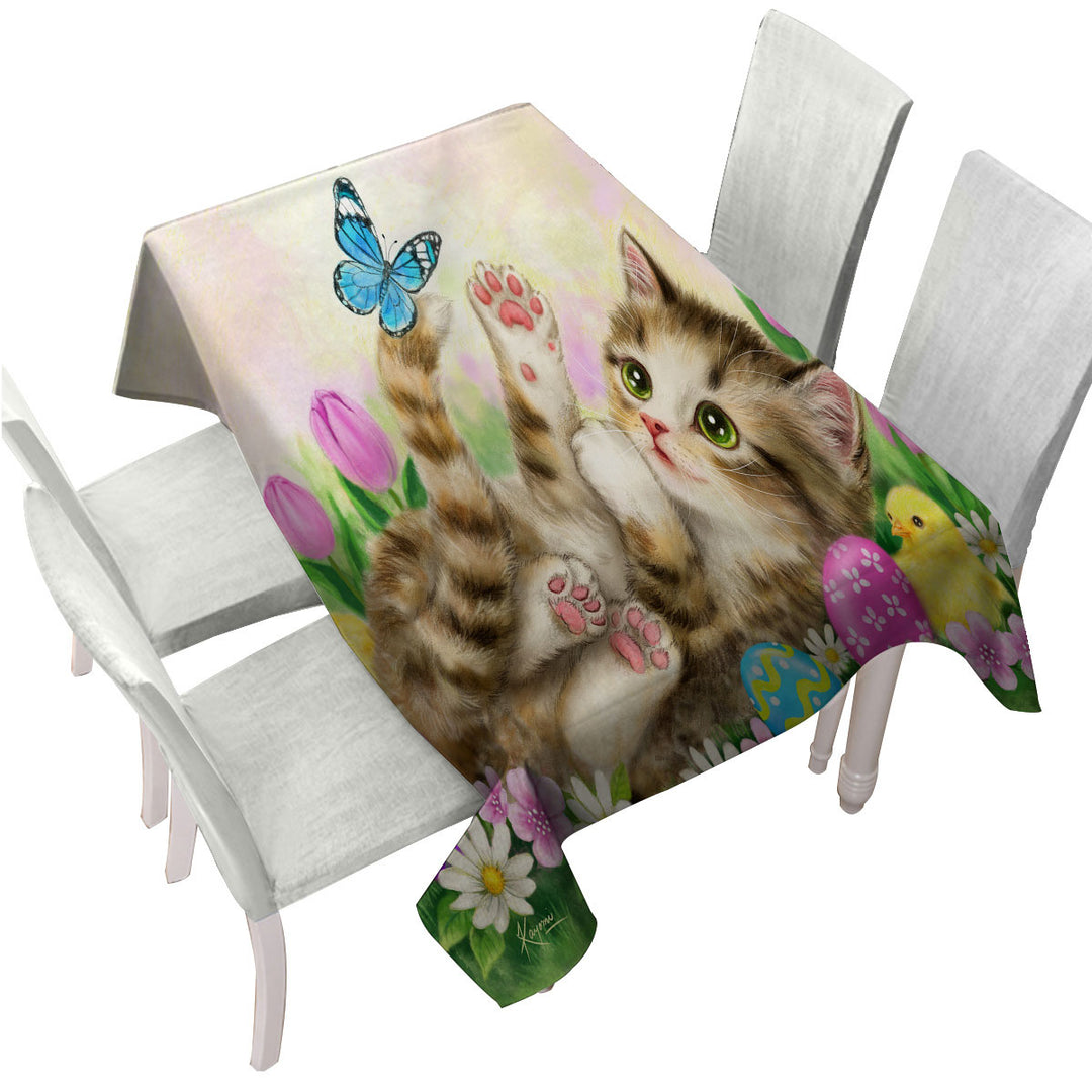 Table Cover with Holiday Kitten and Chicks in the Easter Garden
