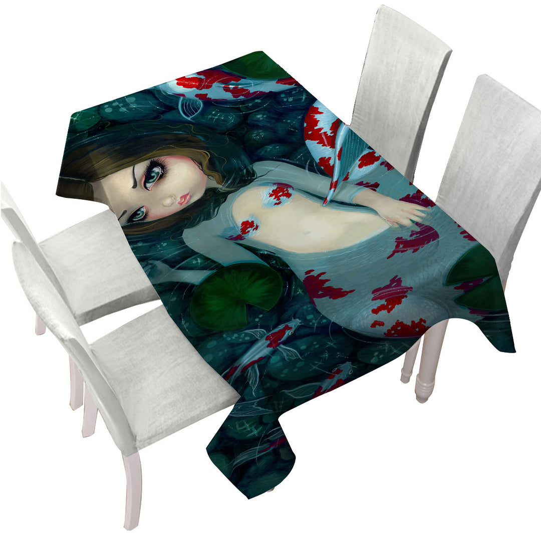Table Cover with Koi Fish Pond Daydreaming Koi Mermaid