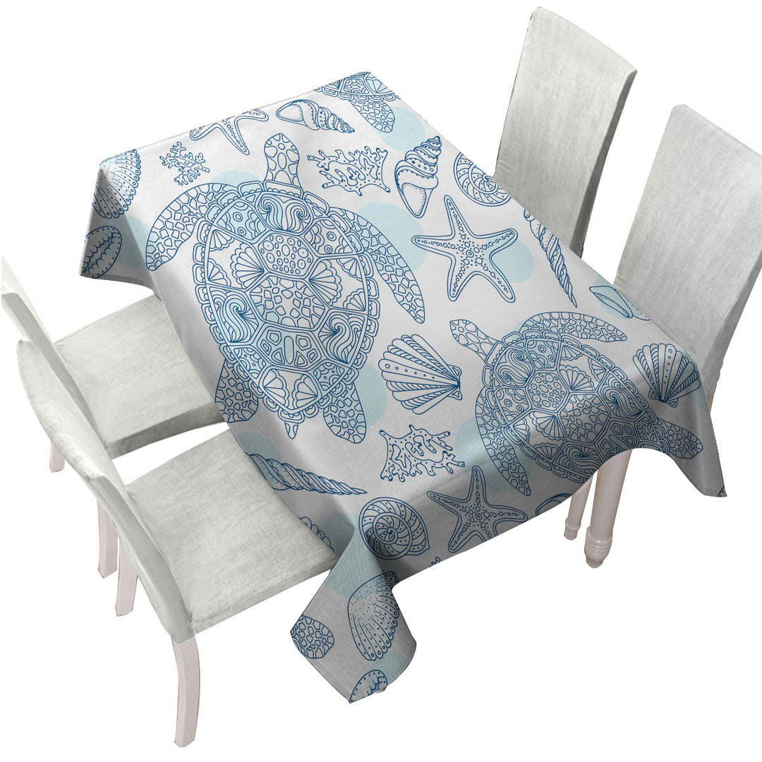 Table Cover with Ocean Drawing Turtles and Seashells