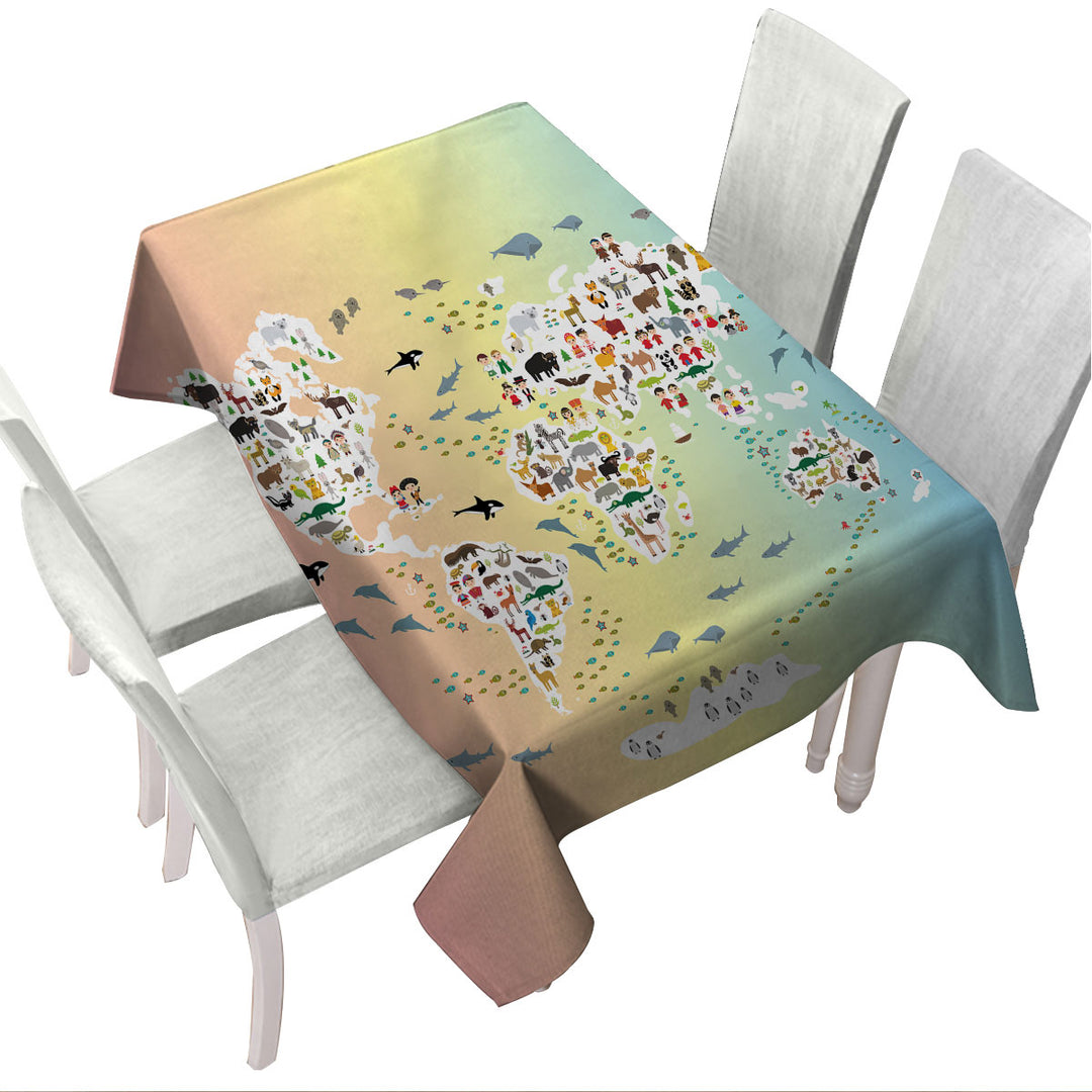 Table Cover with People and Animals World Map