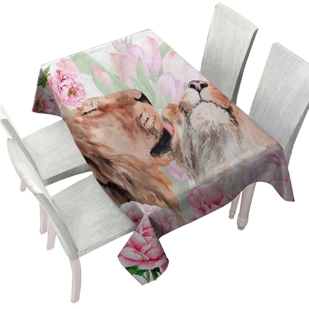 Tablecloth with Art Painting Pinkish Flowers and Loving Lions