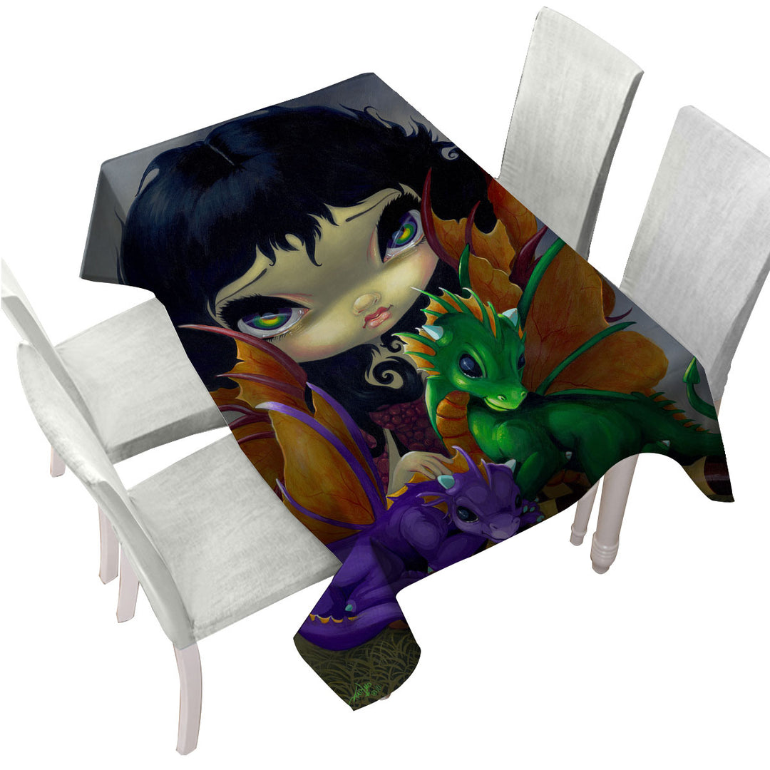 Tablecloth with Big Eyed Dragon Fairy and Her Two Cute Dragonlings