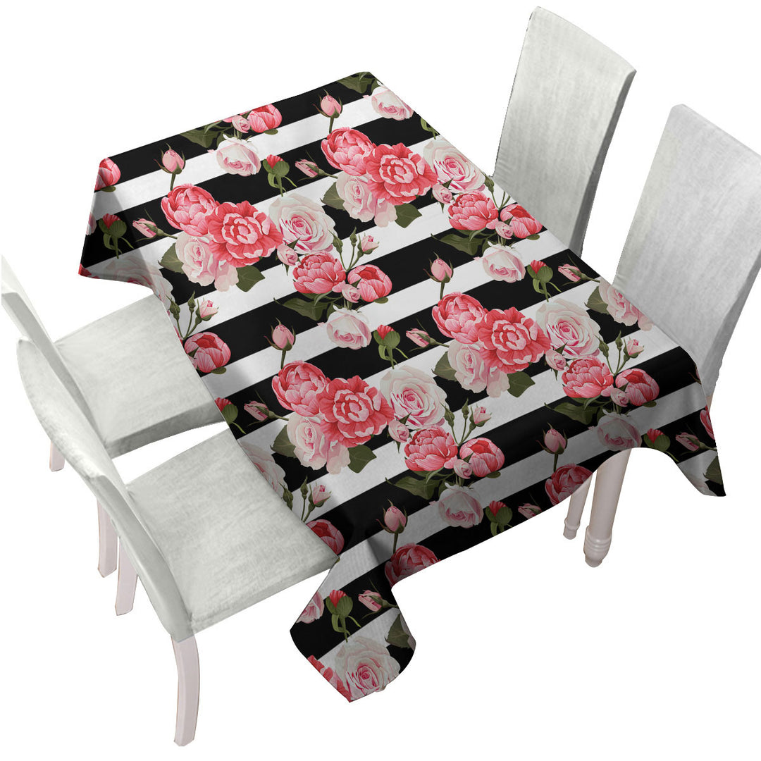 Tablecloth with Black and White Stripes and Pinkish Roses