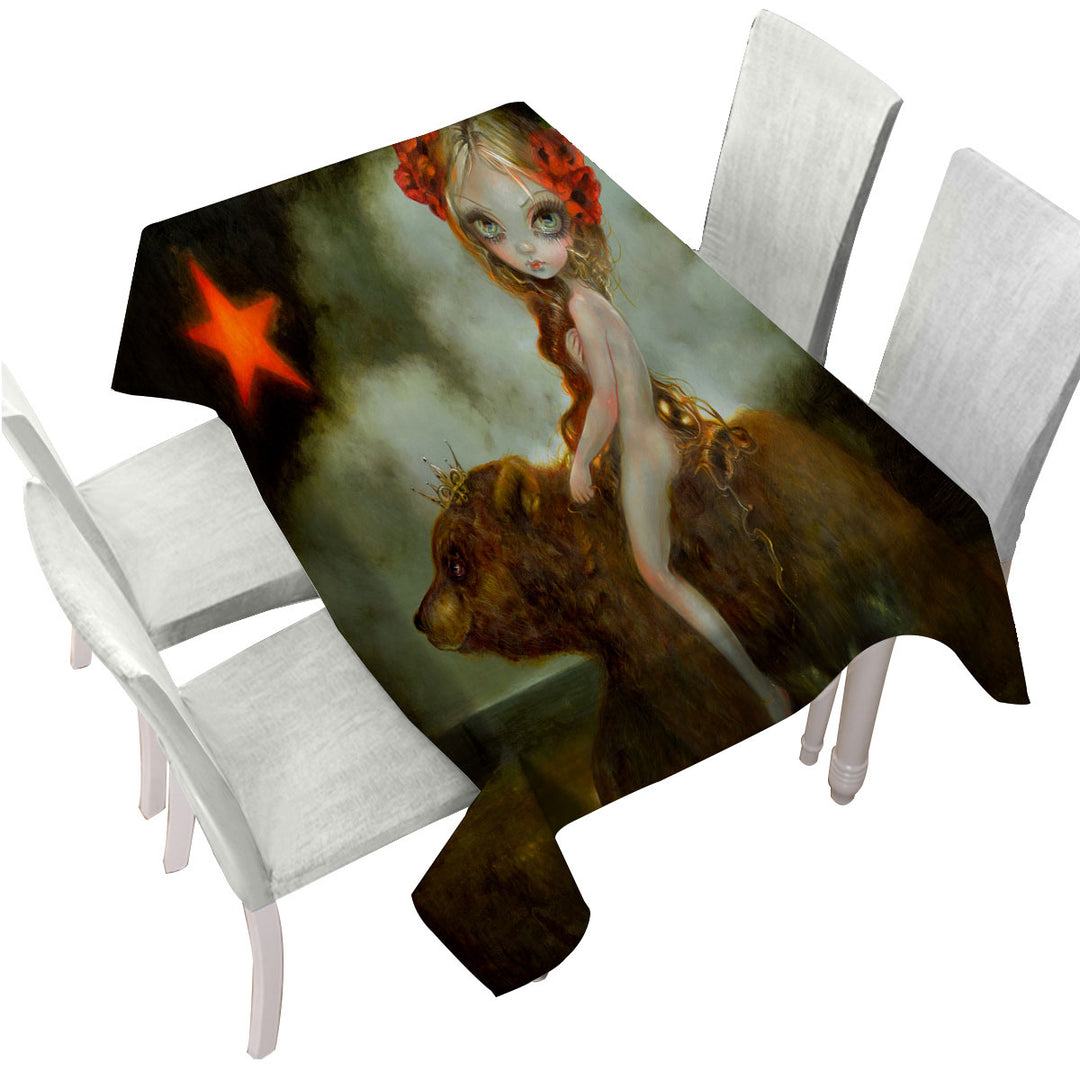 Tablecloth with California Godiva Lady Riding a Bear