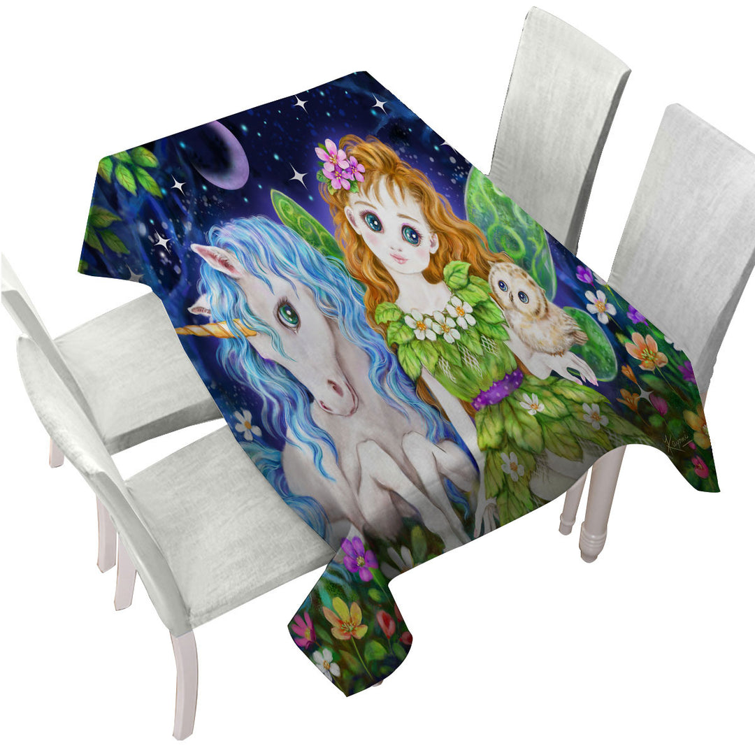 Tablecloth with Children Art Design Leaf Fairy and Unicorn