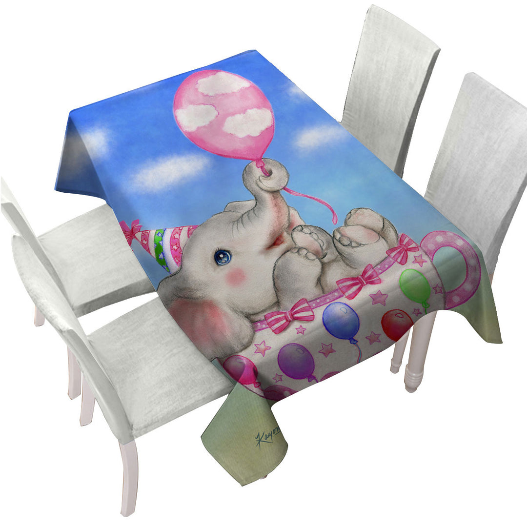 Tablecloth with Children Design Cute Elephant Cup and Balloons