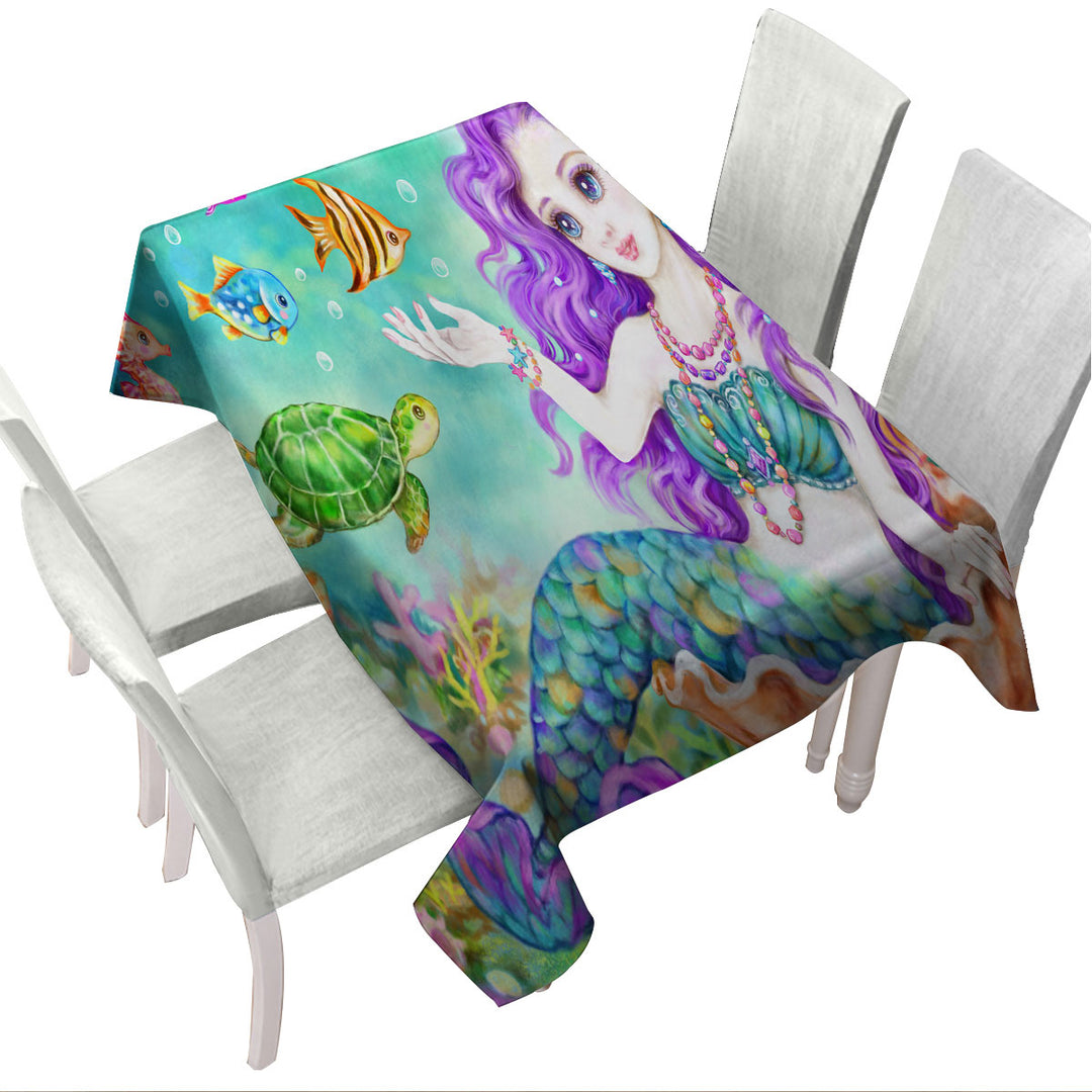 Tablecloth with Colorful Fish Seahorse Turtle and Mermaid