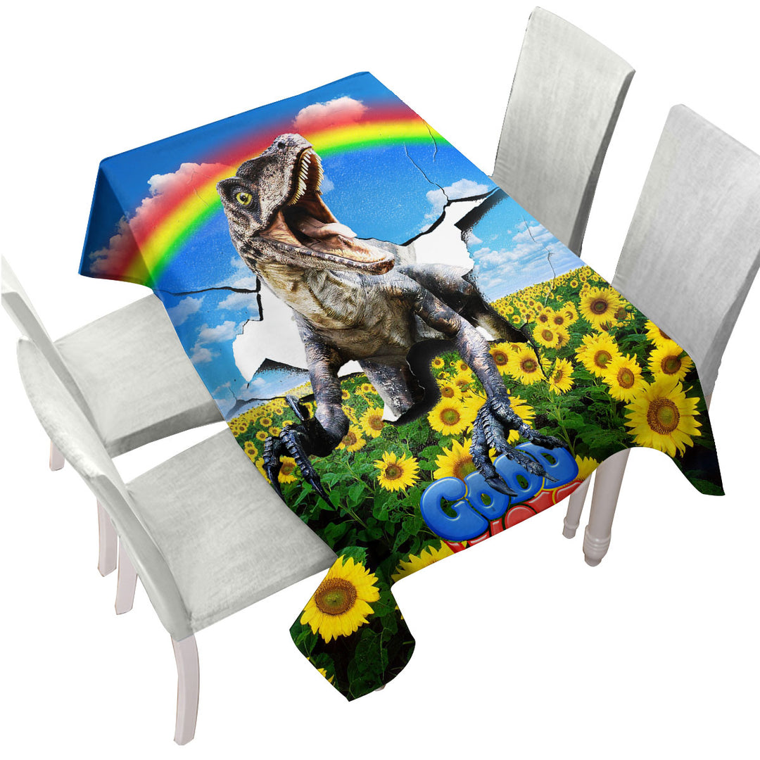 Tablecloth with Cool Good Vibes Rainbow Sunflower Field and Raptor Dinosaur