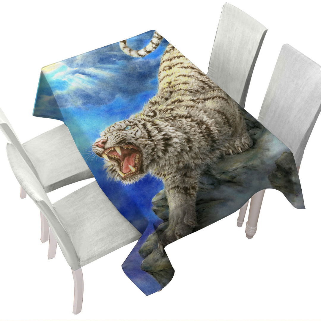 Tablecloth with Cool Wildlife Animal Art Roaring White Tiger