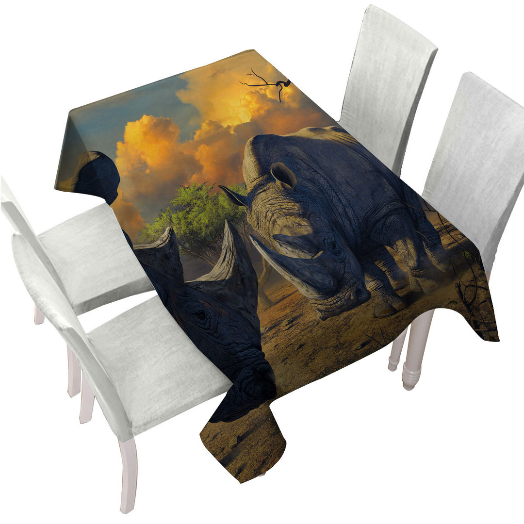 Tablecloth with Cool Wildlife Animals Art Rhino Stand Off