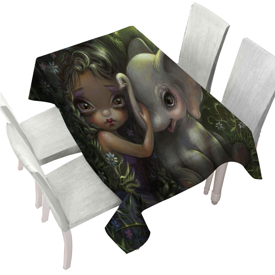 Tablecloth with Cute Art Big Eyed Maiden with Elephant Friend
