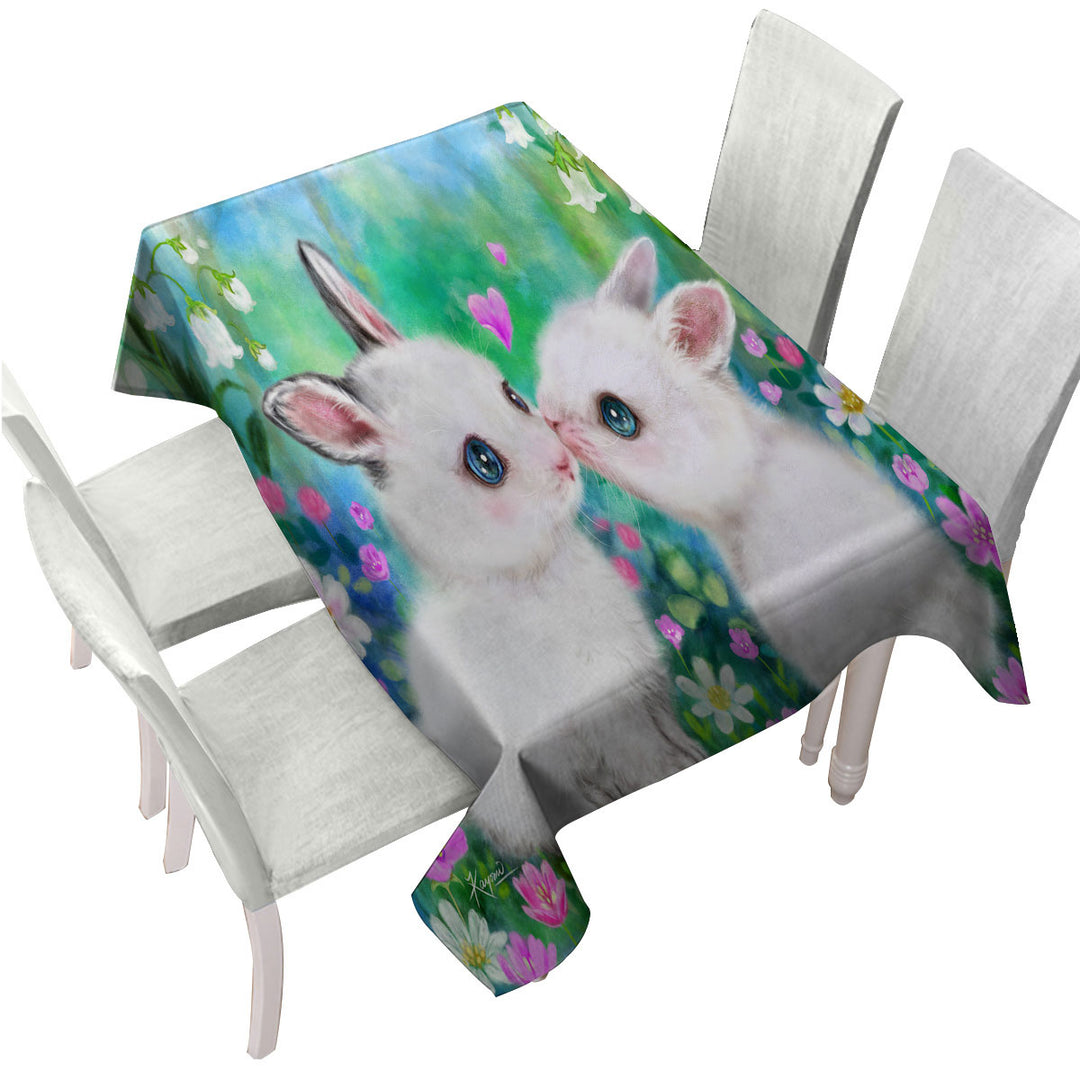 Tablecloth with Cute Art Paintings Flower Garden Bunnies