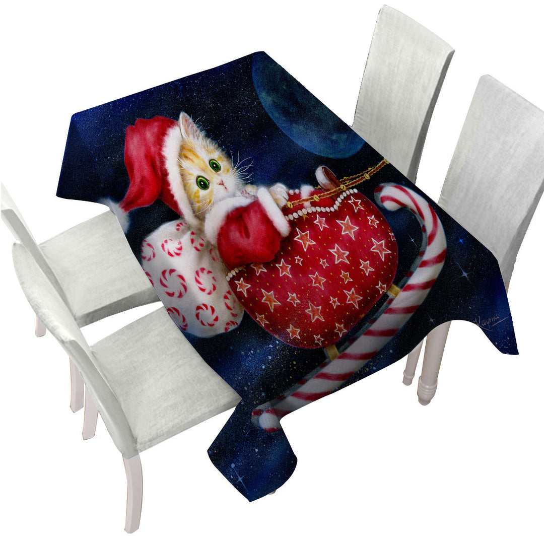 Tablecloth with Cute Christmas Design Candy Sleigh Kitten