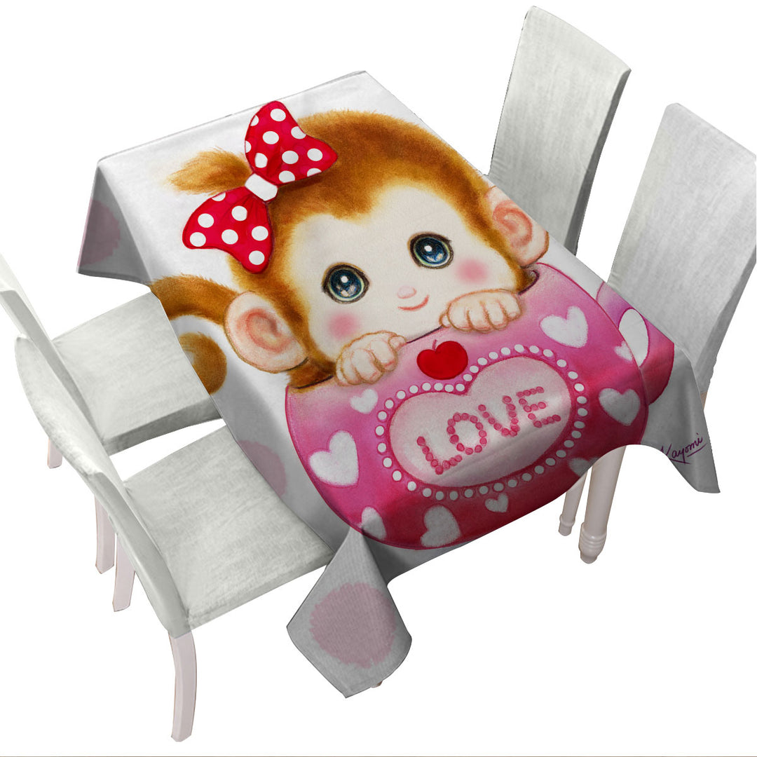 Tablecloth with Cute Design Pinkish Love Cup Monkey