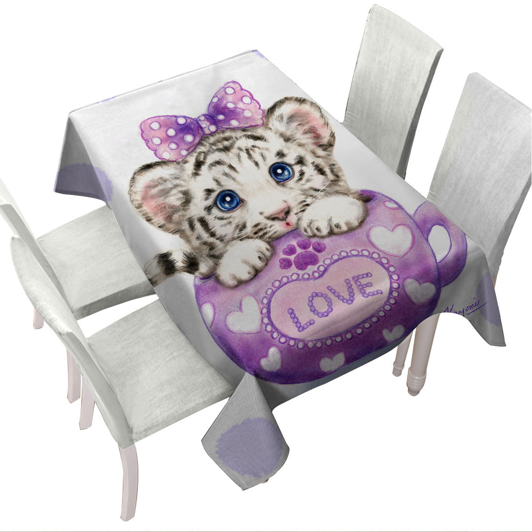 Tablecloth with Cute Design Purple Love Cup White Tiger