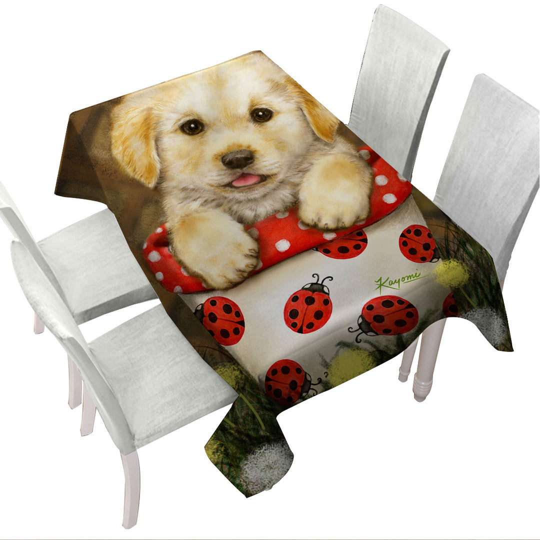 Tablecloth with Cute Dog Puppy in Ladybug Flower Pot