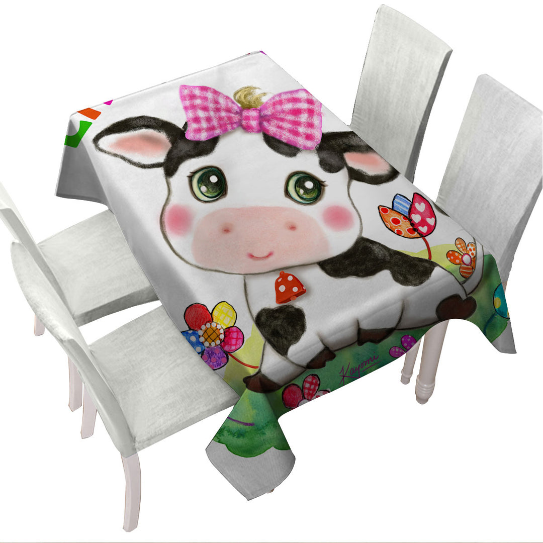 Tablecloth with Cute Drawings for Kids Little Moo Cow and Flowers