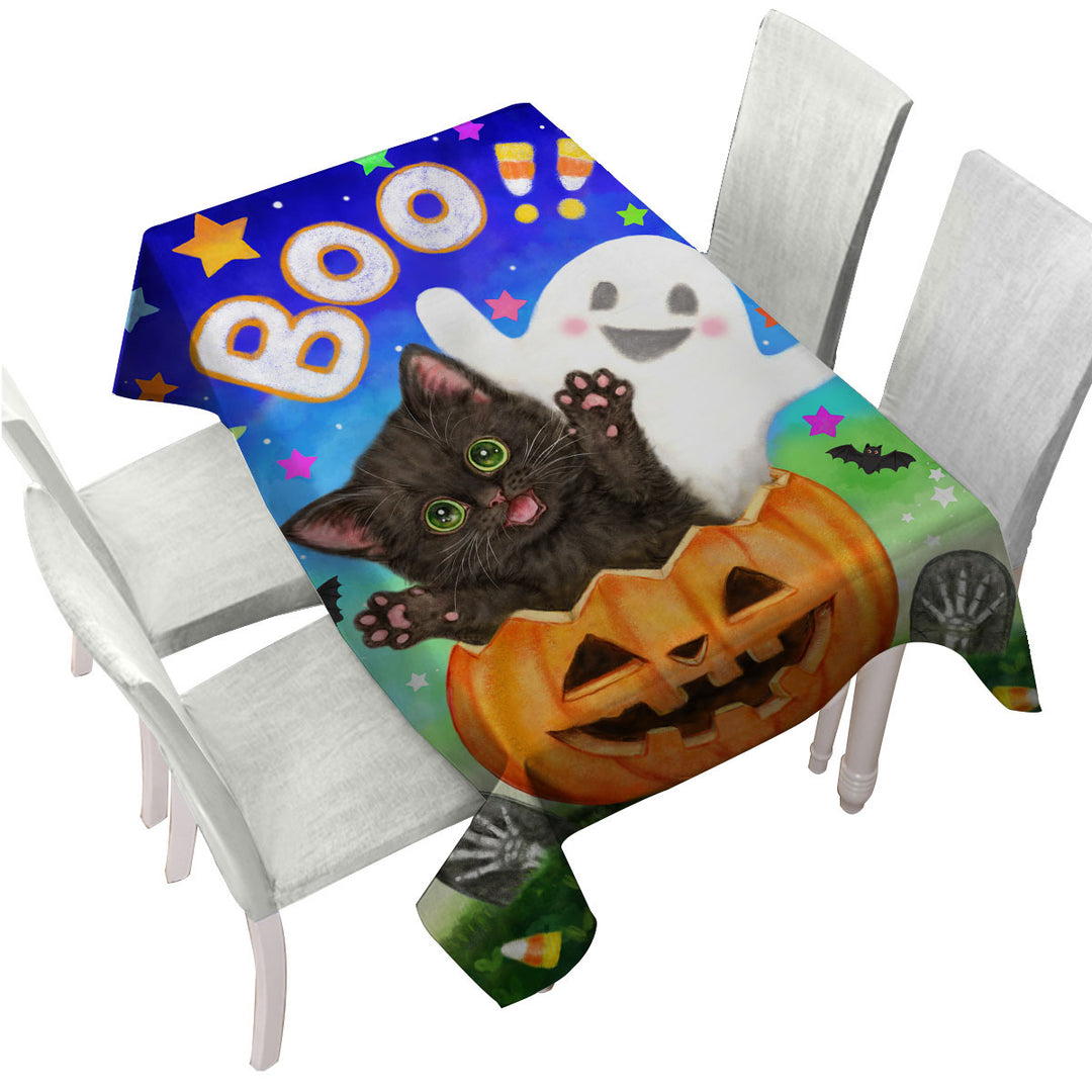Tablecloth with Cute Halloween Design Pumpkin Ghost and Cat