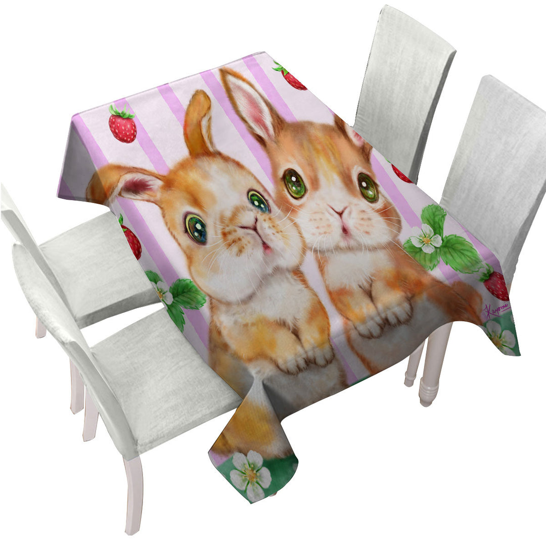 Tablecloth with Cute Kids Art Designs Bunnies and Strawberries