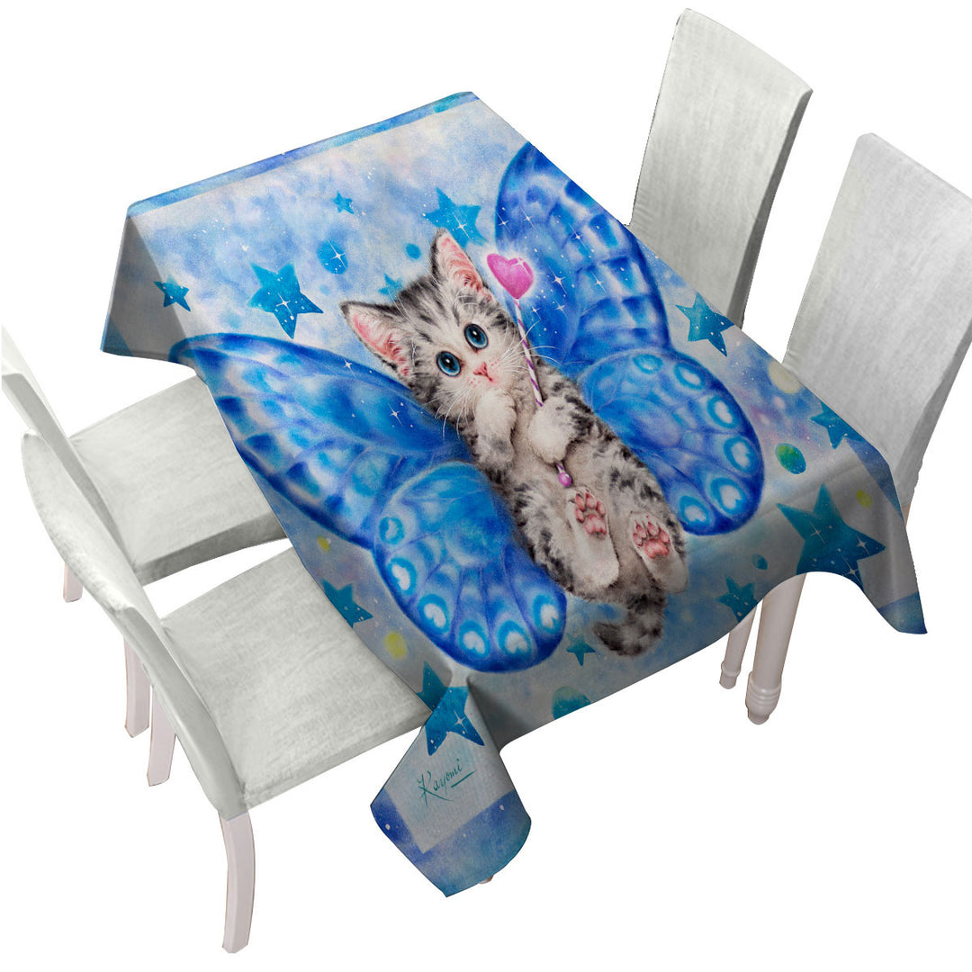 Tablecloth with Cute Kitten Designs Blue Butterfly Kitty Cat