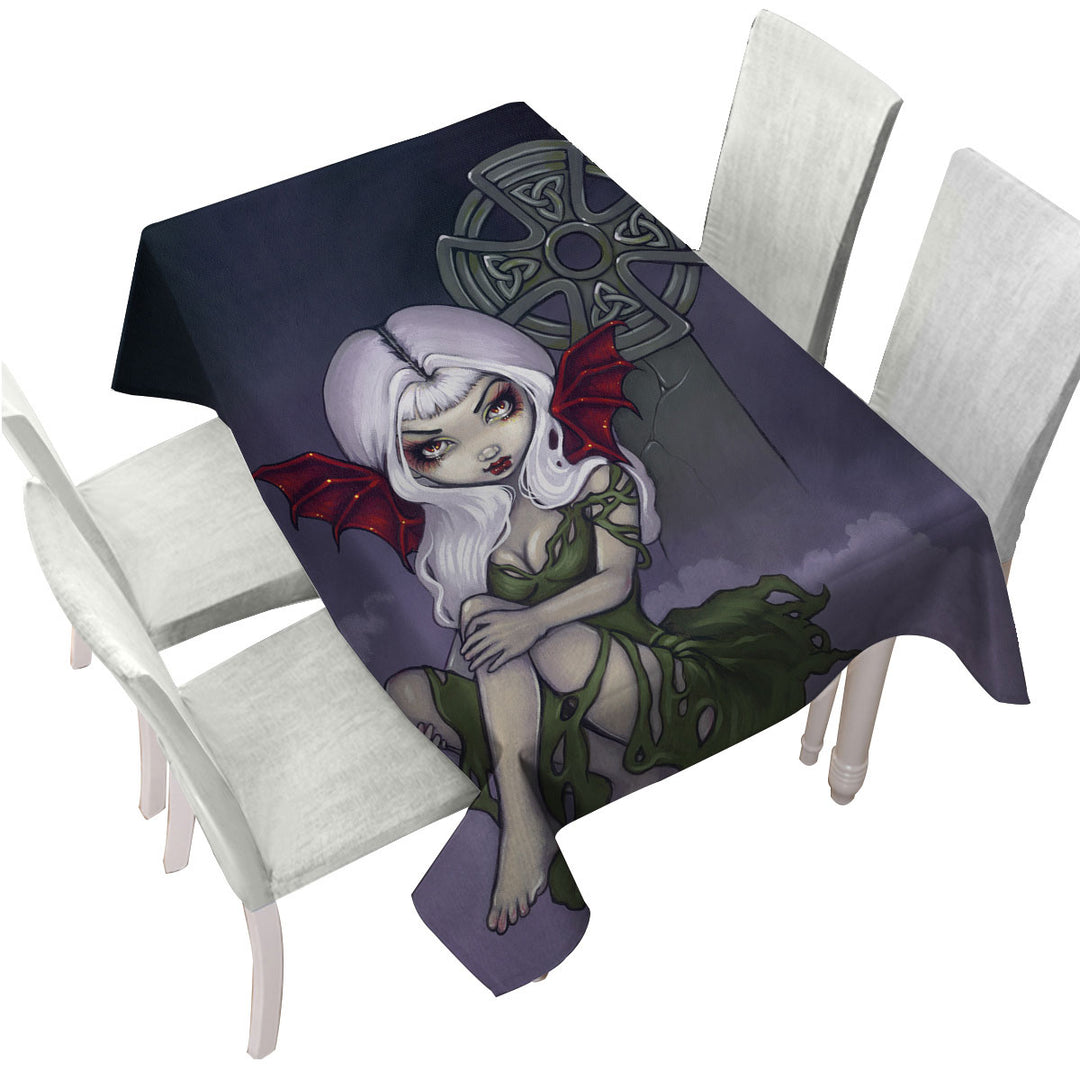 Tablecloth with Dark Art Cemetery Mist Vampire Fairy and Celtic Cross