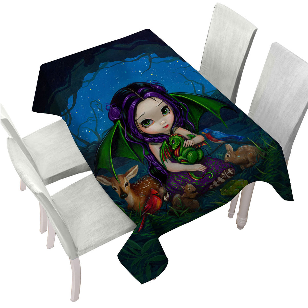 Tablecloth with Dragonling Garden Cute Fairy with Animal Friends